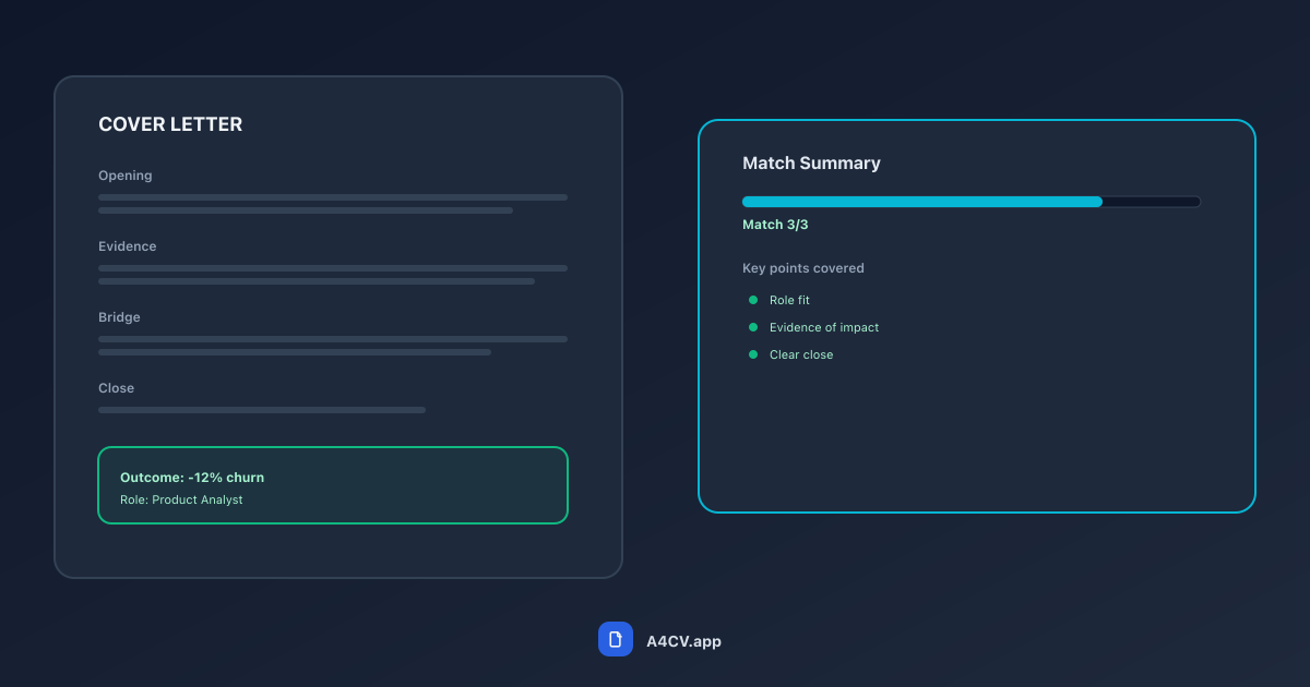 Cover letter structure: opening, evidence paragraph, bridge section, and close with match indicators