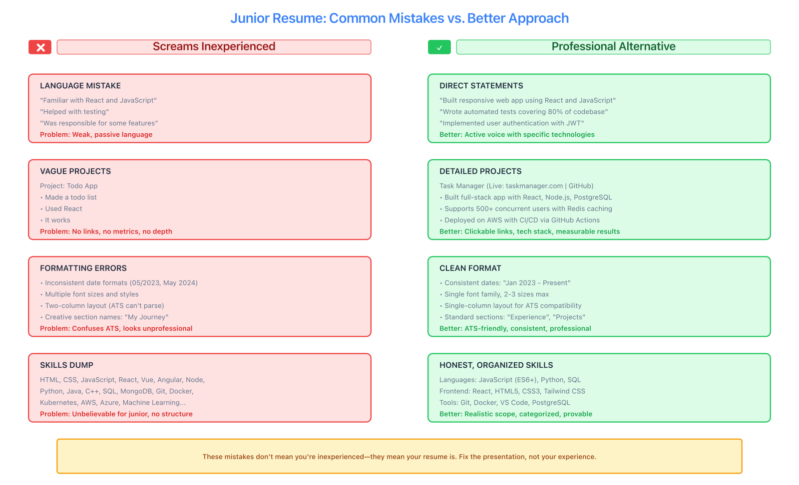 Side-by-side comparison showing common junior resume mistakes versus professional alternatives, including language errors, vague projects, formatting issues, and skills problems